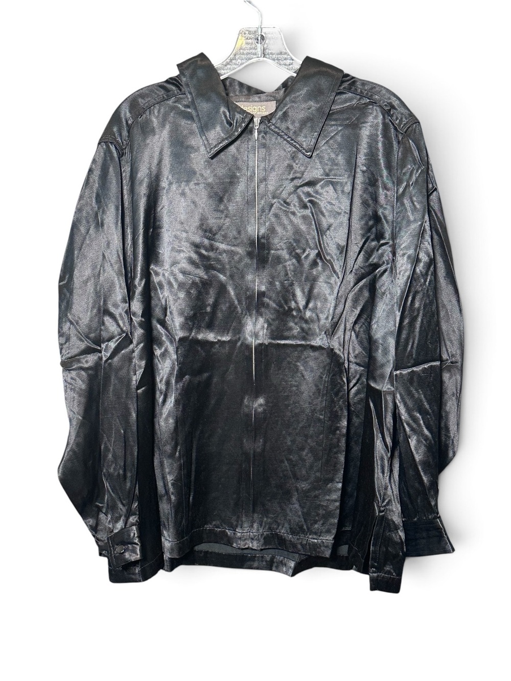 Vintage Lane Bryant 20 22 Black Satin Zip Up Shirt Jacket Plus Size 90s Shiny